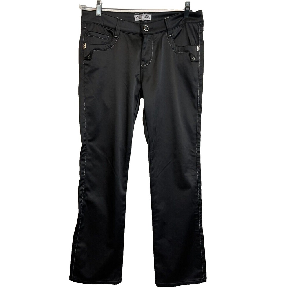 Svetlana Women's Pants Size 33X32 Black Satin Silver Embroidery Cotton Blend